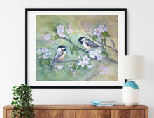 Load image into Gallery viewer, Chickadees and Cherry Blossoms  11x14 Watercolor Painting, Prints, and Cards
