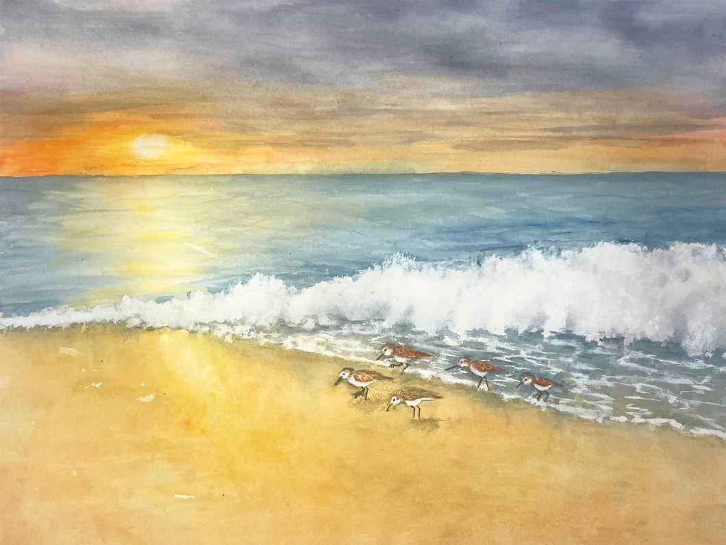 Sandpiper Sunset 12x16 watercolor painting, prints, and cards