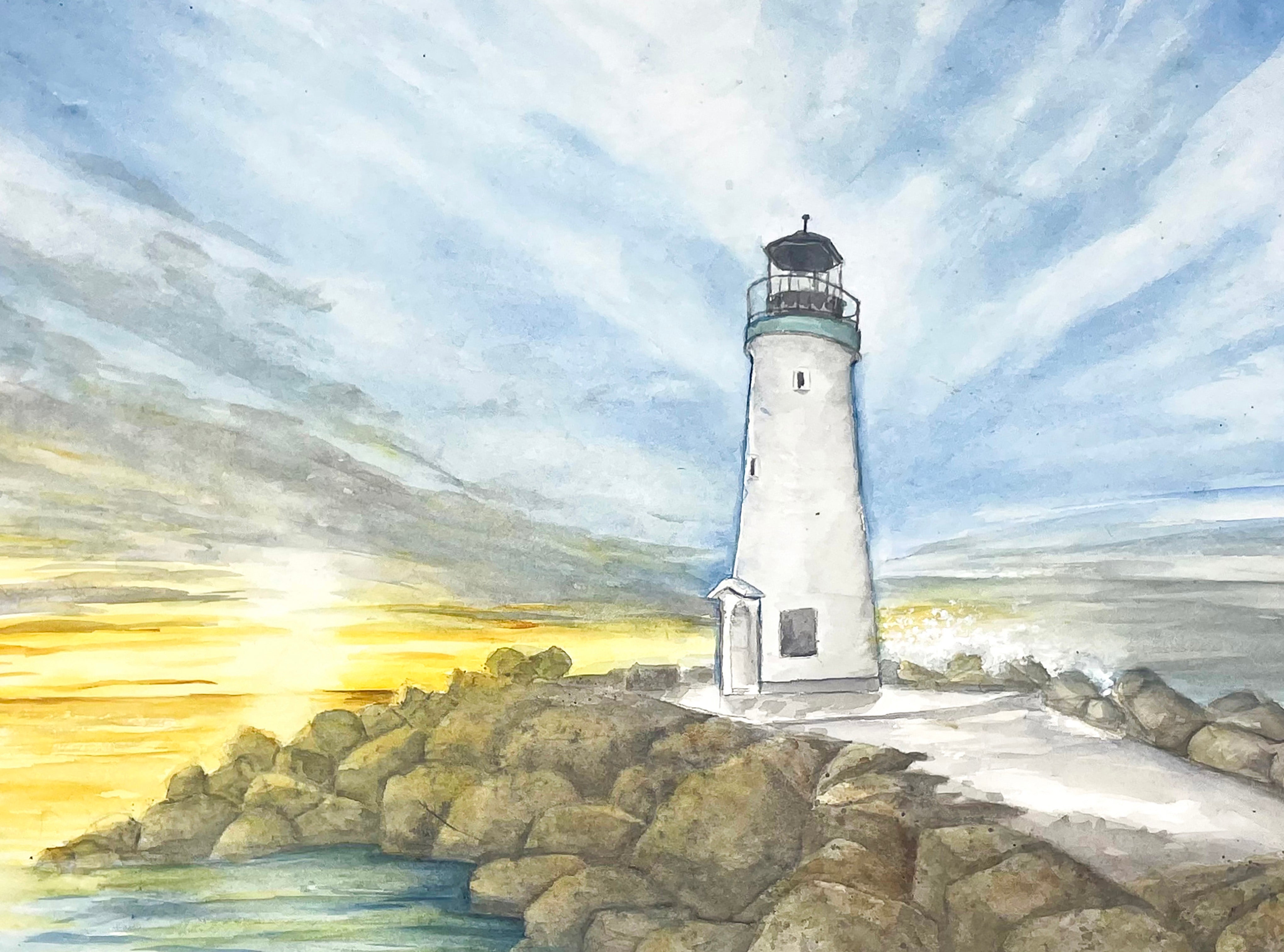 Original watercolor, marina painting. Seascape watercolor, lighthouse wall art. Lighthouse watercolor, coastal watercolor. buying ArtduStudio 8×11