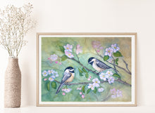 Load image into Gallery viewer, Chickadees and Cherry Blossoms  11x14 Watercolor Painting, Prints, and Cards
