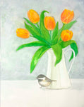 Chickadee and Orange Tulips 11x14 Watercolor Painting