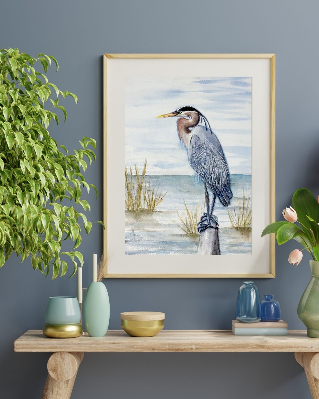 Heron Elegance by the Water 11x14 Watercolor Painting