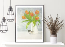 Load image into Gallery viewer, Chickadee and Orange Tulips Watercolor Painting, Prints, and Cards
