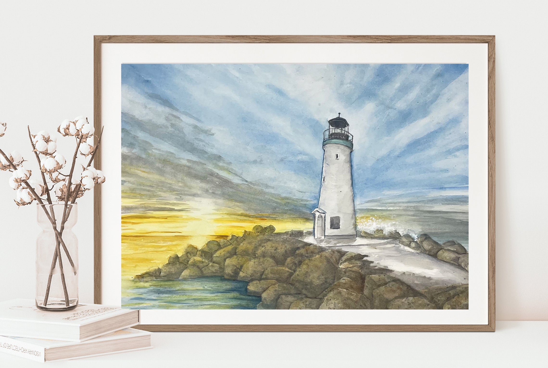 Original watercolor, marina painting. Seascape watercolor, lighthouse wall on sale art. Lighthouse watercolor, coastal watercolor. ArtduStudio 8×11