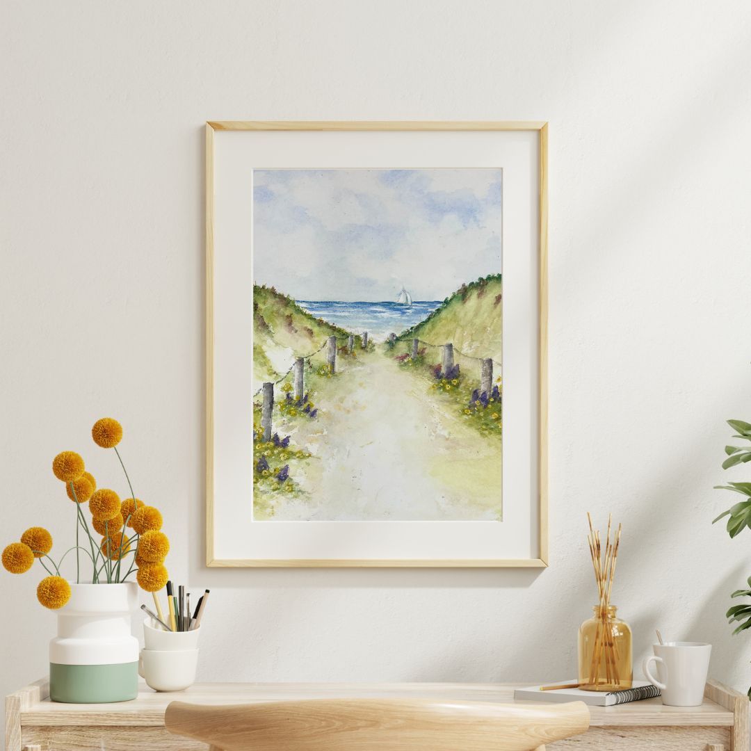 Flower Path to the Sea 8x10 Watercolor Painting and Cards
