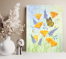 Load image into Gallery viewer, Monarch, Lupines, and Poppies 12x16 Watercolor
