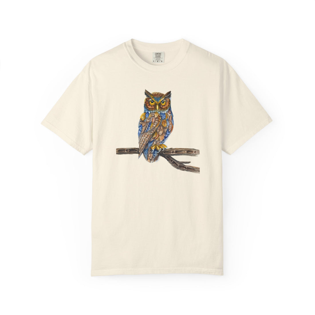 Mosaic Owl T-shirt | Hand-drawn Night Owl on Branch
