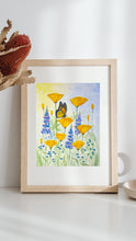 Load image into Gallery viewer, California Monarch, Poppies, and Lupines 11x14 Watercolor Painting, Prints, and Cards
