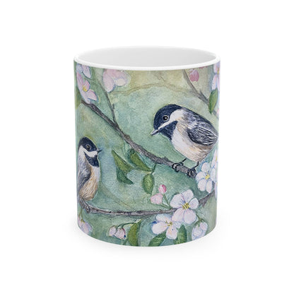 Chickadee and Cherry Blossoms Ceramic Mug, (11oz, 15oz)