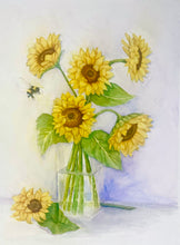 Load image into Gallery viewer, Bumblebee and Sunflowers 11x14 Watercolor Painting, Prints and Cards
