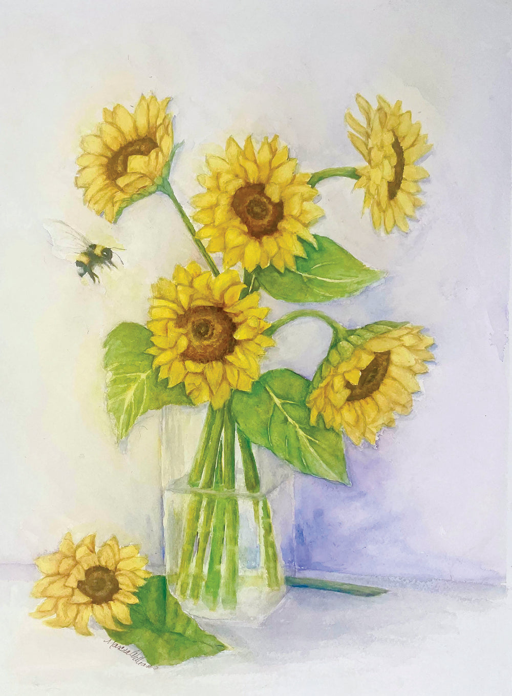 Bumblebee and Yellow Sunflowers 11x14 Watercolor Painting