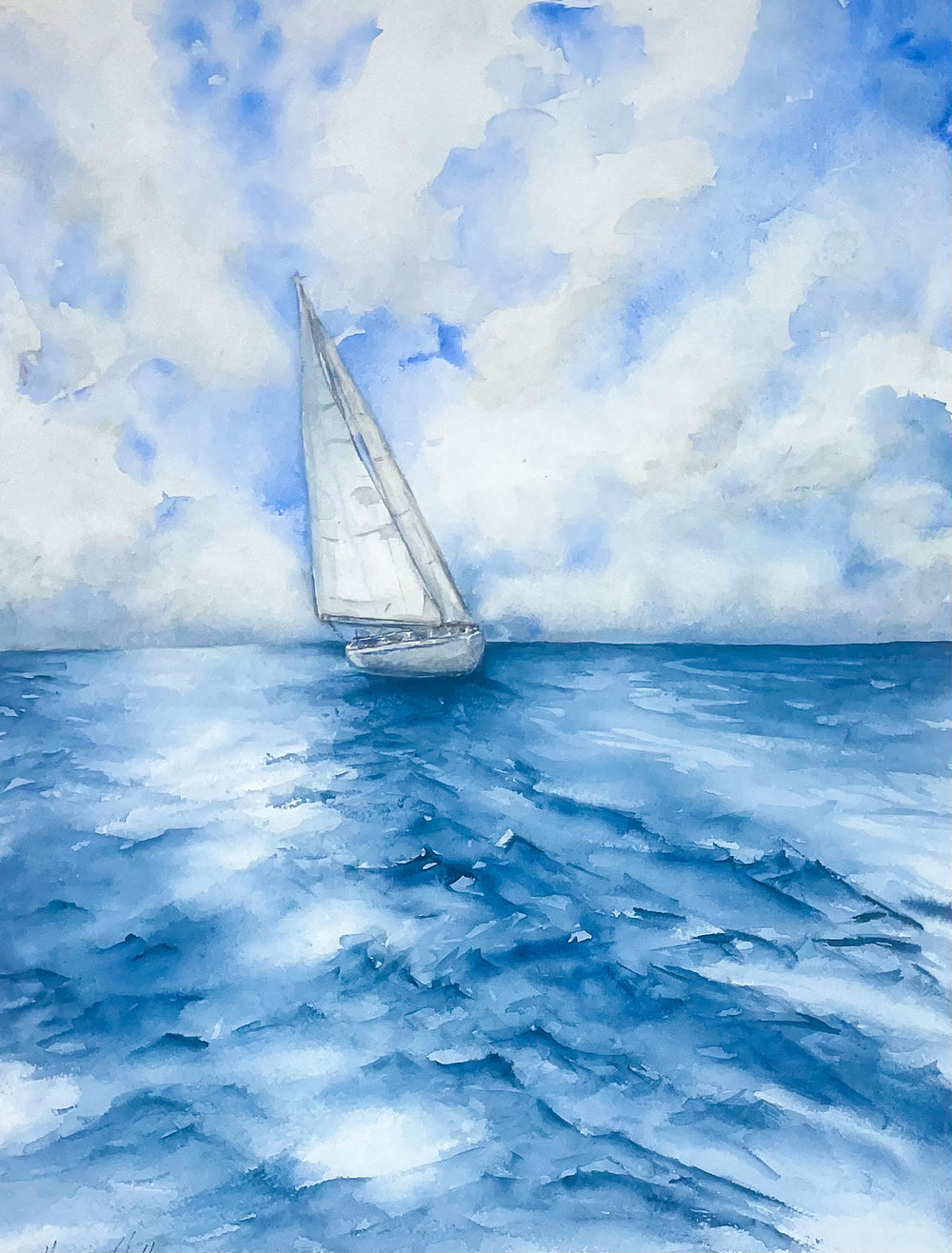 Blue Serenity at Sea Watercolor Sailboat Art, Cards, and Prints