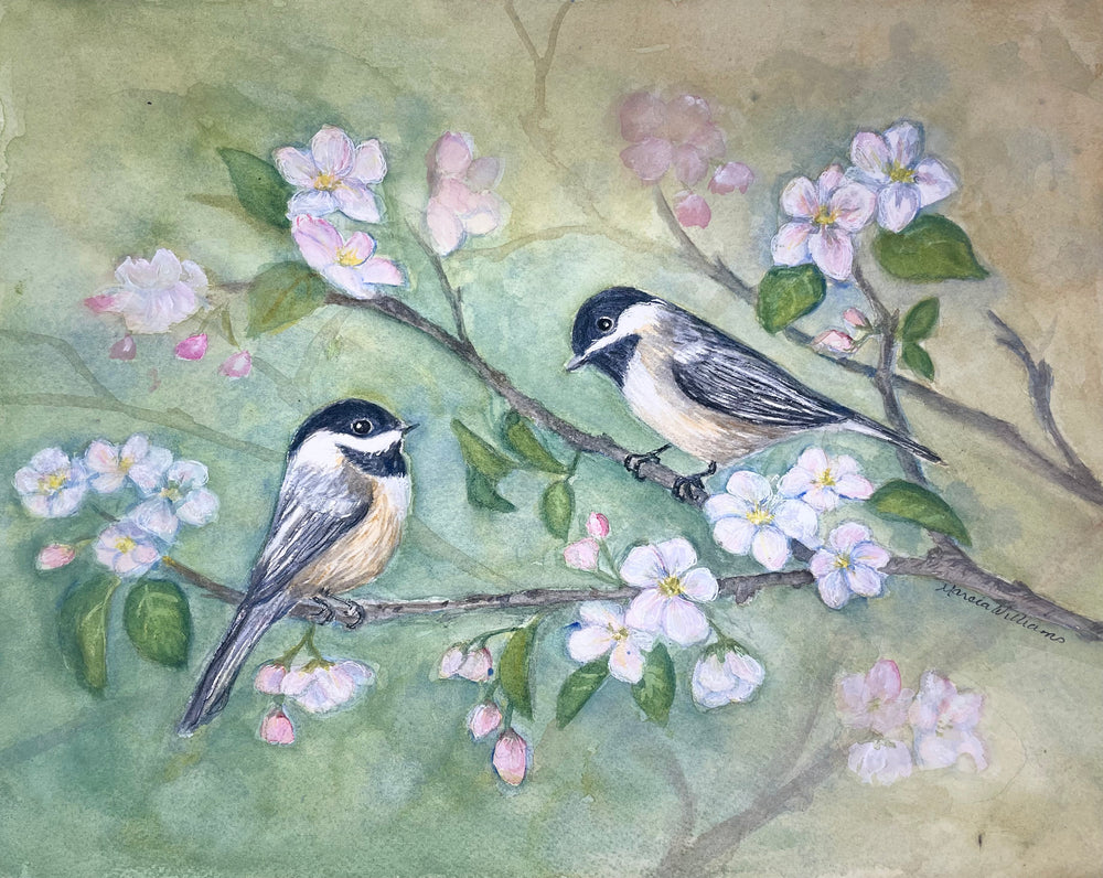 Chickadee and Cherry Blossoms 11x14 watercolor Painting