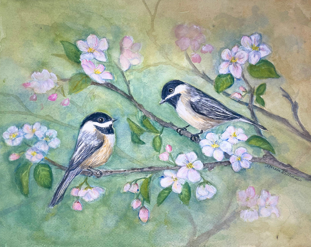 Chickadees and Cherry Blossoms Watercolor Painting
