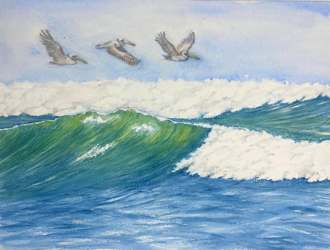Pelican Surf 12x16 Watercolor Painting, Prints, and Cards