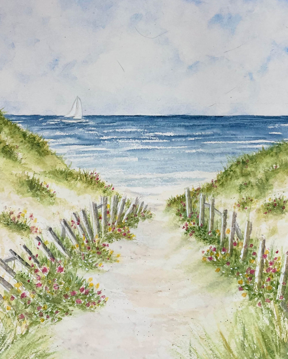 Flower Path to the Sea 8x10 Watercolor Painting