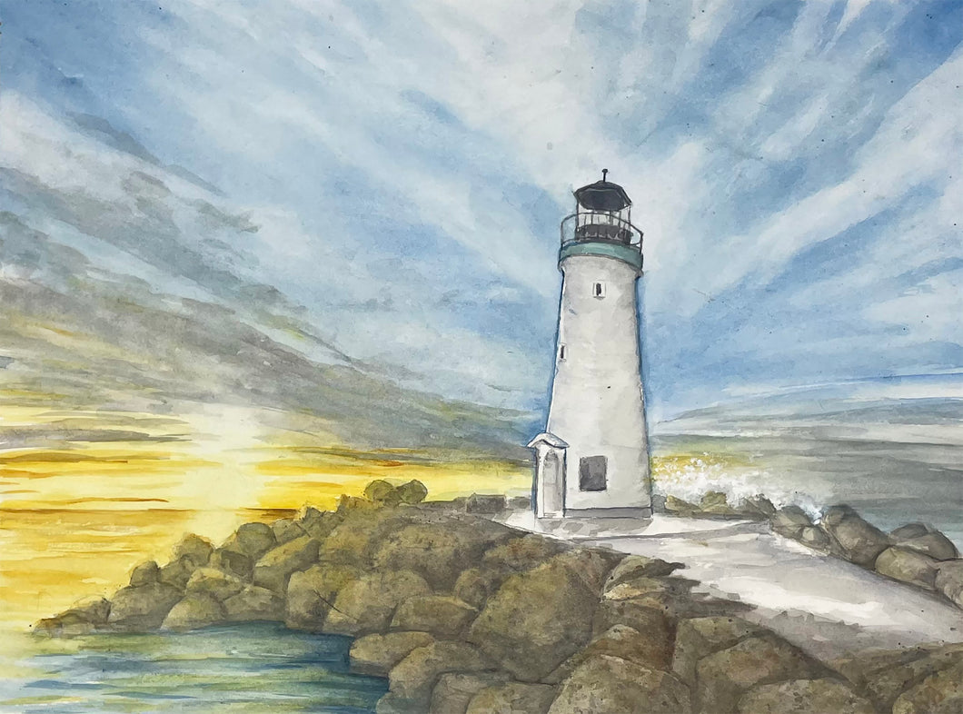 Lighthouse at Sunset 12x16 Watercolor