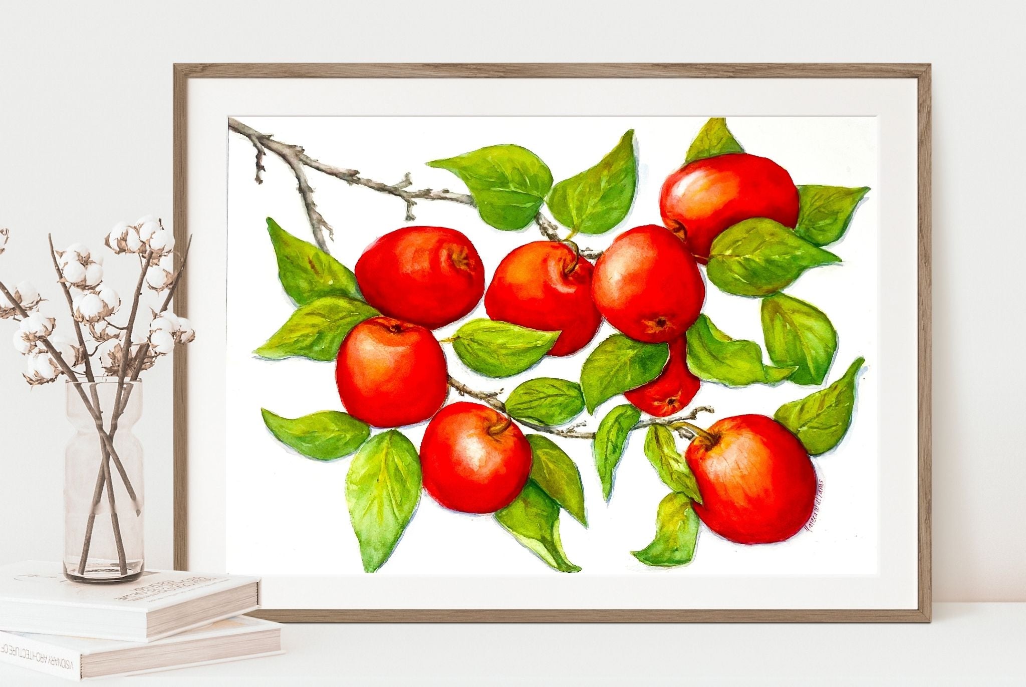Apple Tree Branch with Red Apples 12x16 Watercolor Painting