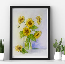 Load image into Gallery viewer, Bumblebee and Sunflowers 12x16 Watercolor Painting, Prints and Cards

