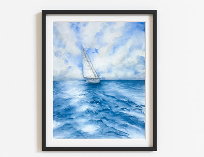 Blue Serenity at Sea Watercolor Sailboat Art, Cards, and Prints