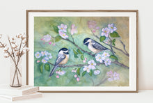 Load image into Gallery viewer, Chickadees and Cherry Blossoms Watercolor Painting
