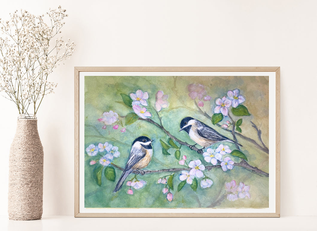 Chickadees and Cherry Blossoms  11x14 Watercolor Painting, Prints, and Cards