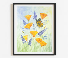 Load image into Gallery viewer, Monarch, Lupines, and Poppies 12x16 Watercolor
