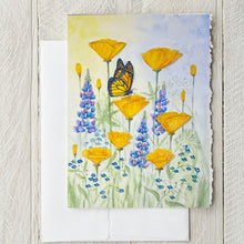 Load image into Gallery viewer, California Monarch, Poppies, and Lupines 11x14 Watercolor Painting, Prints, and Cards
