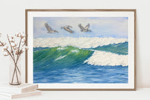 Load image into Gallery viewer, Pelican Surf 12x16 Watercolor Painting, Prints, and Cards

