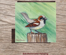 Load and play video in Gallery viewer, House Sparrow 8x8 Watercolor Painting
