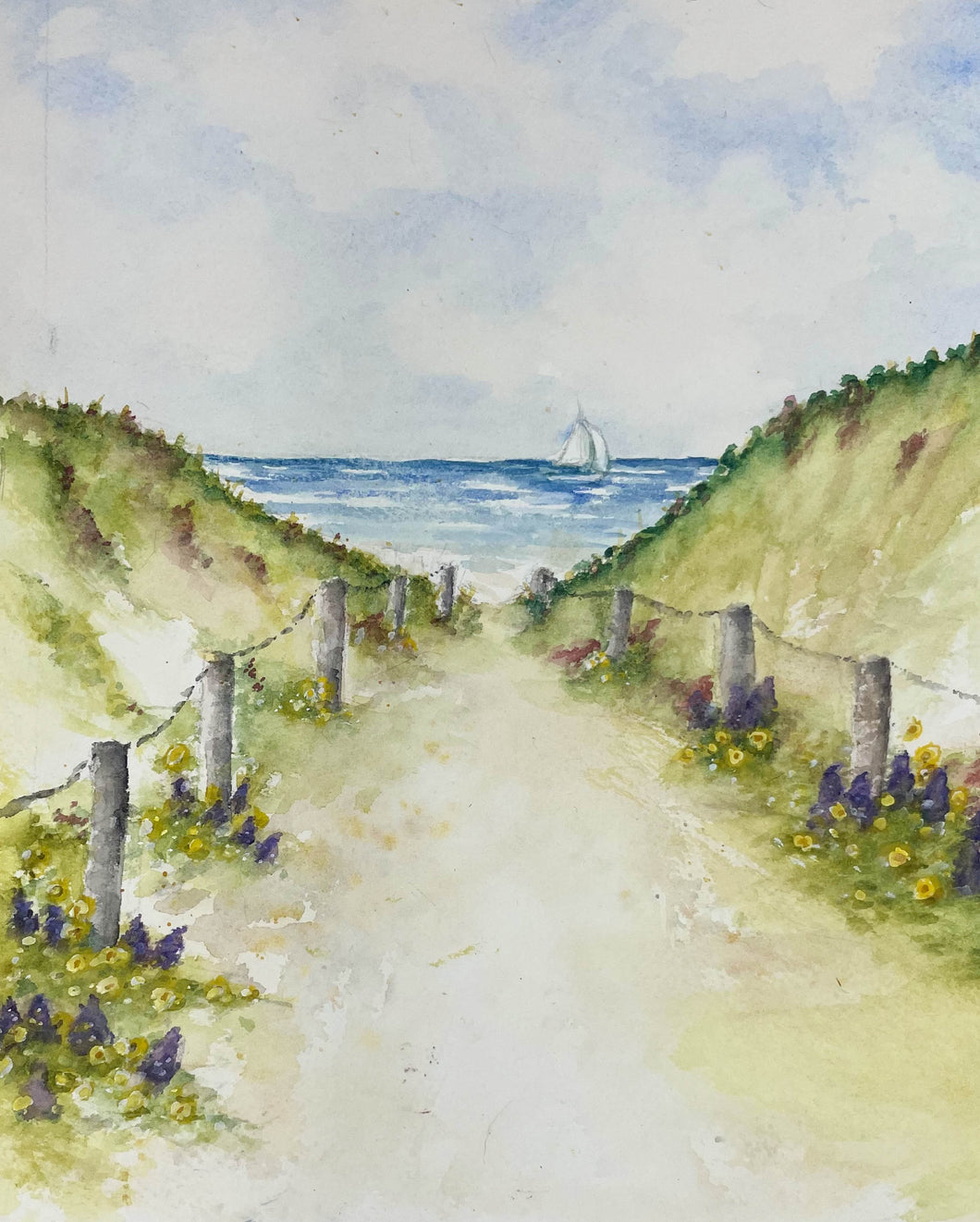 Flower Path to the Sea 8x10 Watercolor Painting and Cards