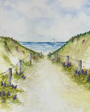 Load image into Gallery viewer, Flower Path to the Sea 8x10 Watercolor Painting and Cards

