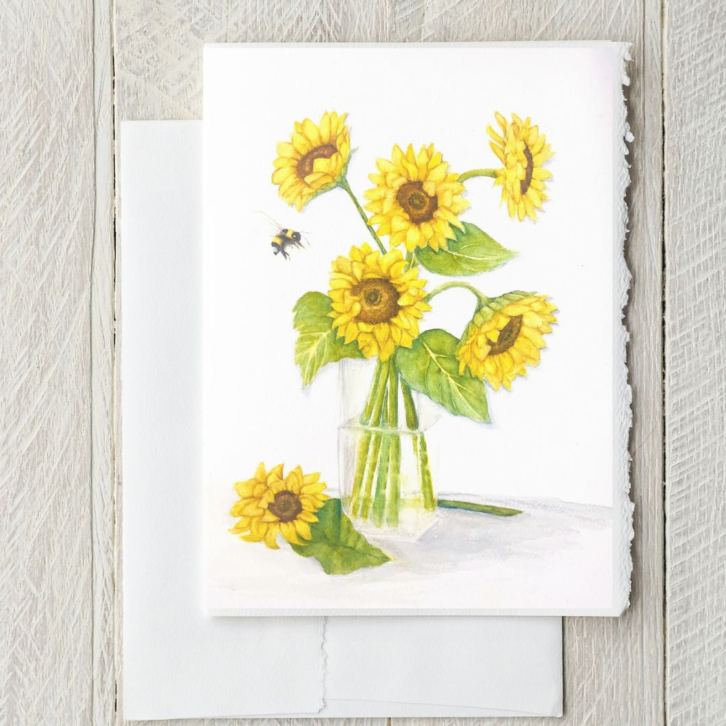 Bumblebee and Sunflowers 12x16 Watercolor Painting, Prints and Cards