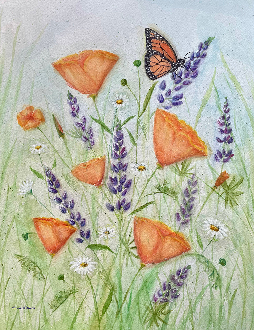 Monarch, Poppies, and Lupines