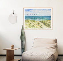 Load image into Gallery viewer, Beach with Pelicans and Stone Cairns Prints and Cards
