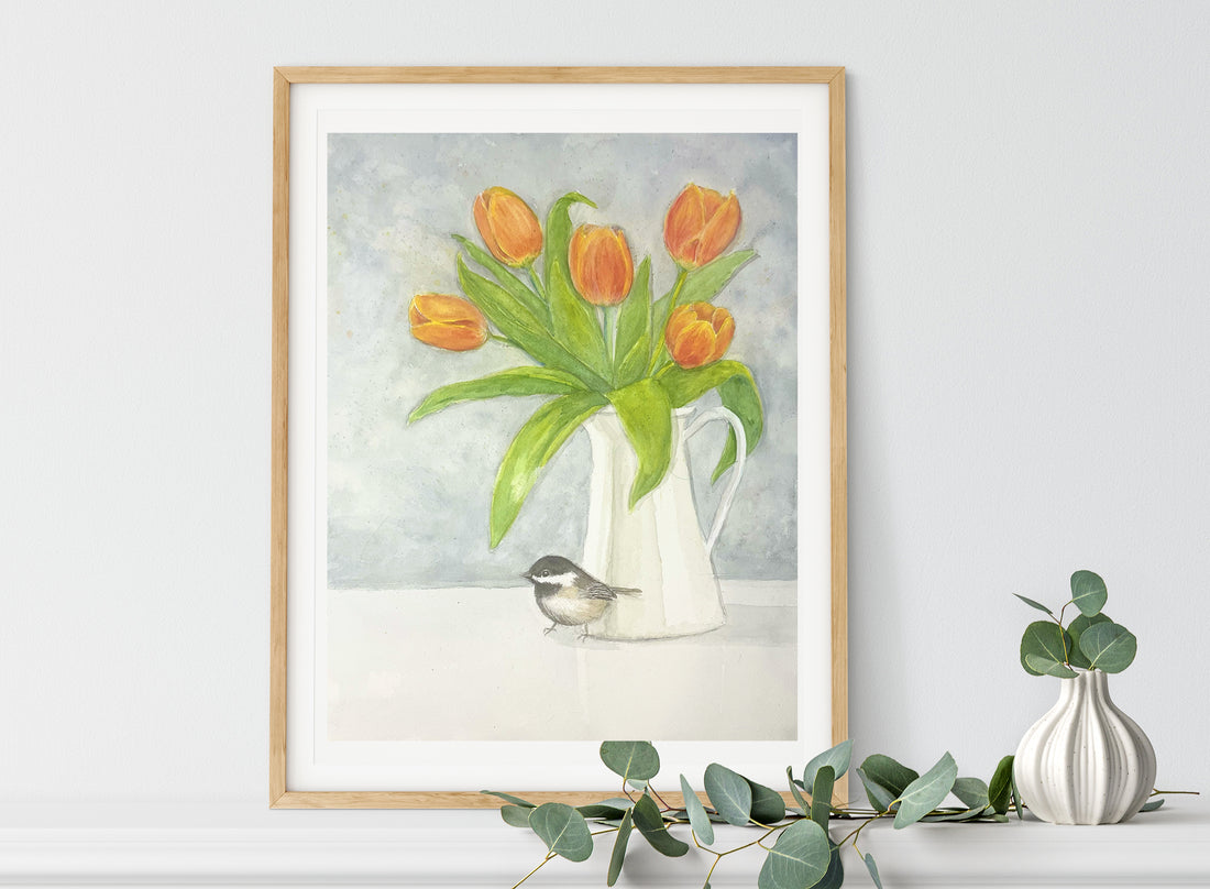 Chickadee and Orange Tulips Watercolor Prints, and Cards