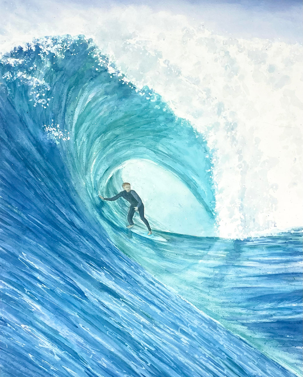 Blue Surfer Watercolor Painting, Prints, and Cards