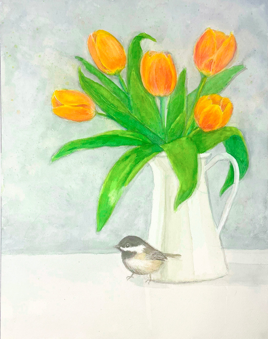 Chickadee and Orange Tulips Watercolor Prints, and Cards