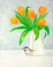 Load image into Gallery viewer, Chickadee and Orange Tulips Watercolor Painting, Prints, and Cards
